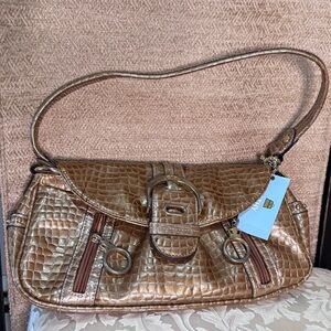 Kathy Van Zeeland Bronze Crocodile-Embossed Shoulder Bag